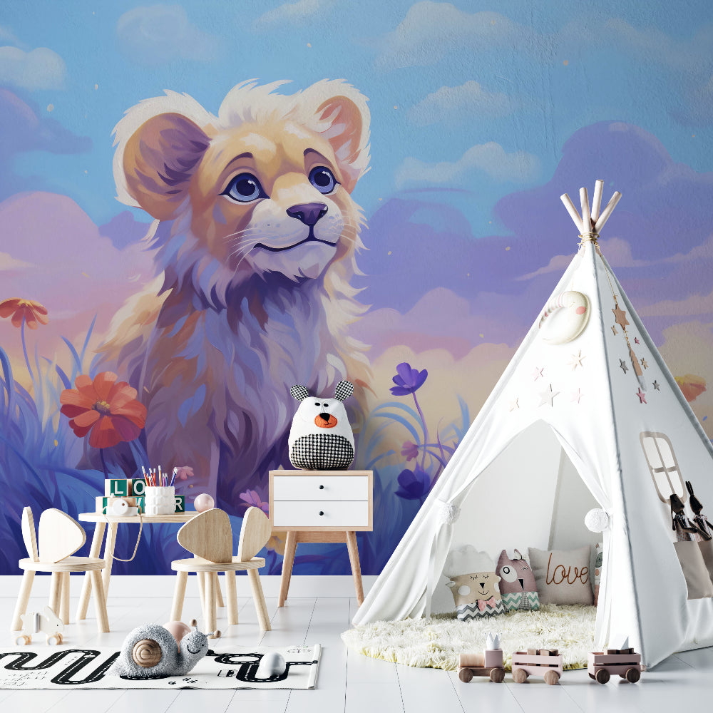 Sweet lion cub wall mural creating a cozy reading nook in a modern nursery