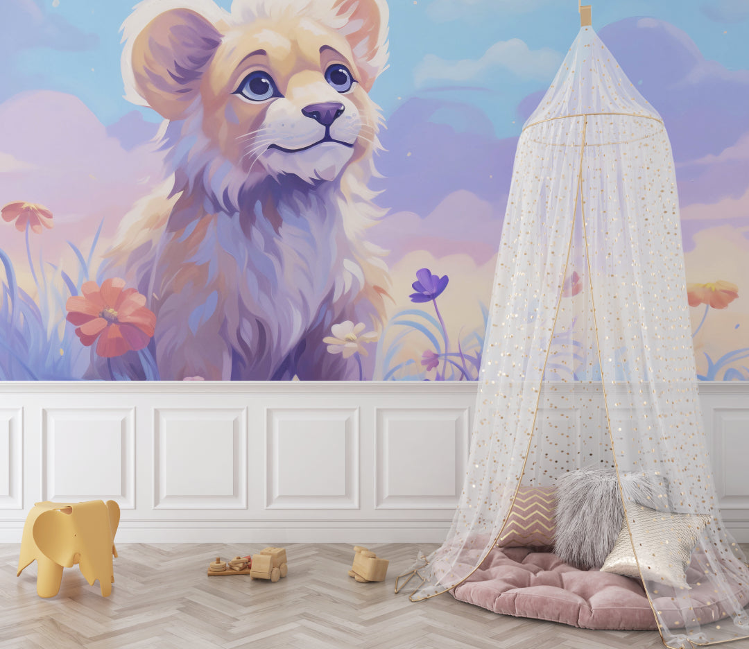 Pastel lion wallpaper in a playroom setting with natural light and wooden toys