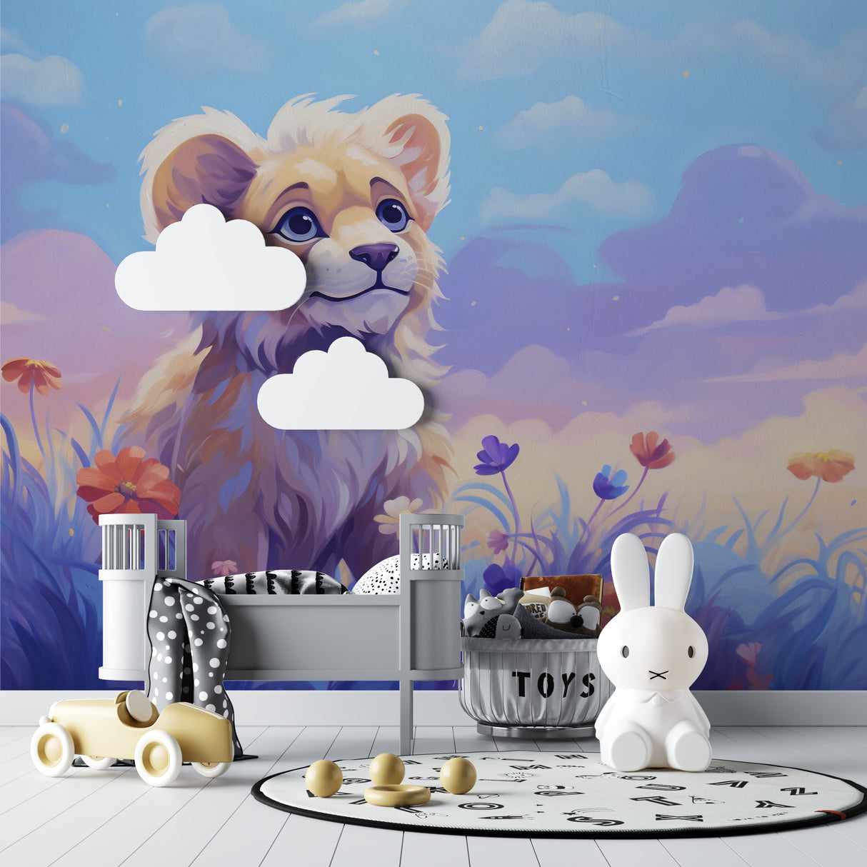 Kids safari wallpaper showcased in a gender-neutral nursery with minimal decor