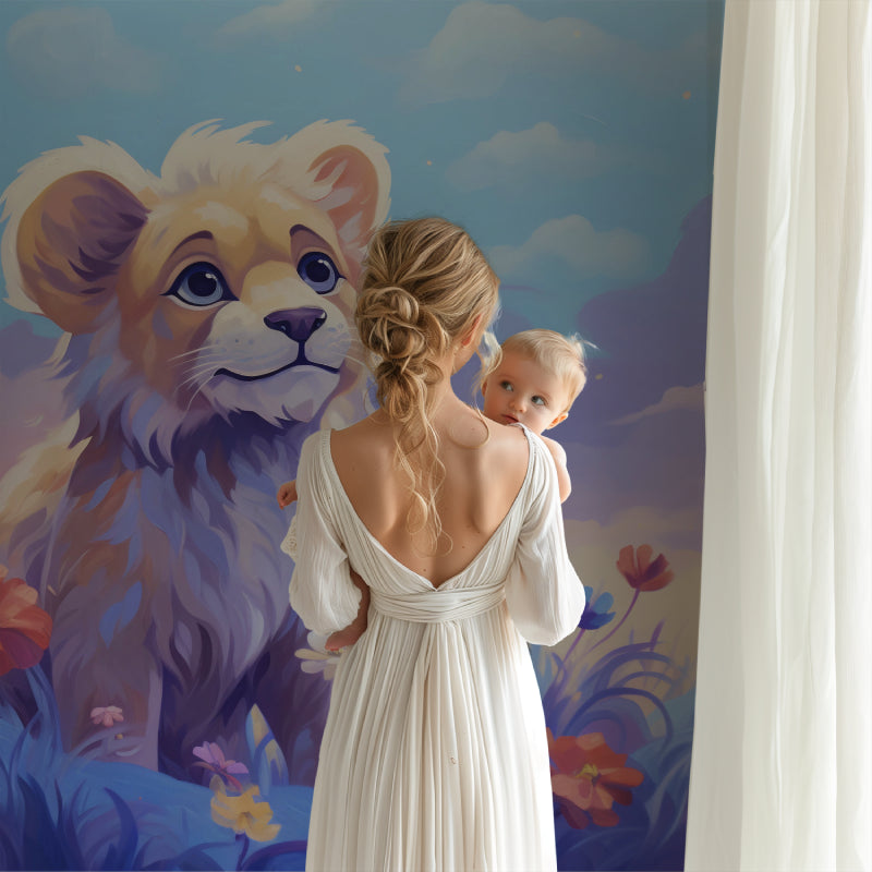 Lion cub mural wallpaper featured in a daycare reading corner with cushions
