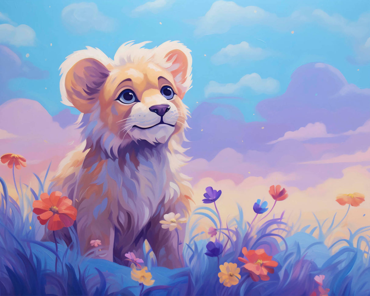 Lion cub with pastel flowers design file showing intricate pattern details and color palette