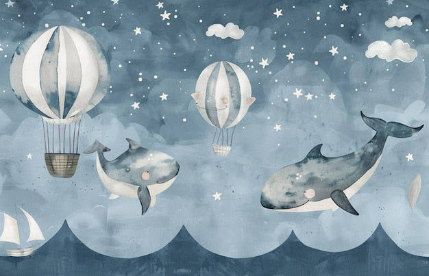 Whale and hot air balloon design file showing intricate watercolor details and pattern