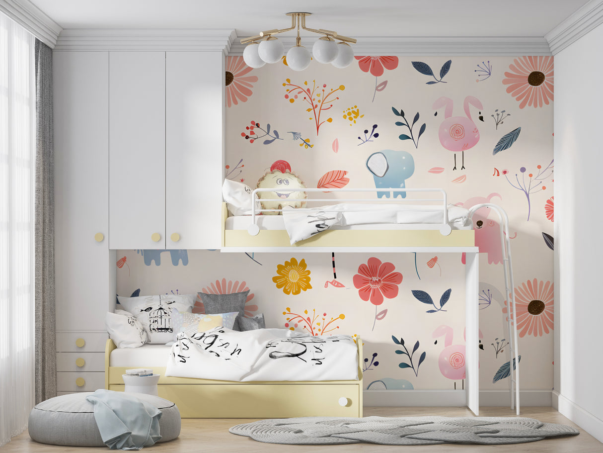 Kids floral wallpaper with elephants and flamingos in a bright nursery with white furniture