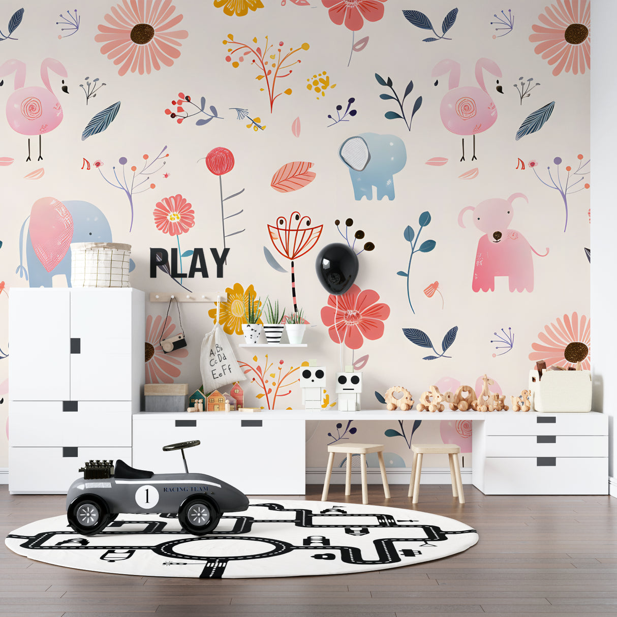 Animal nursery wallpaper showcased in a playroom with reading nook