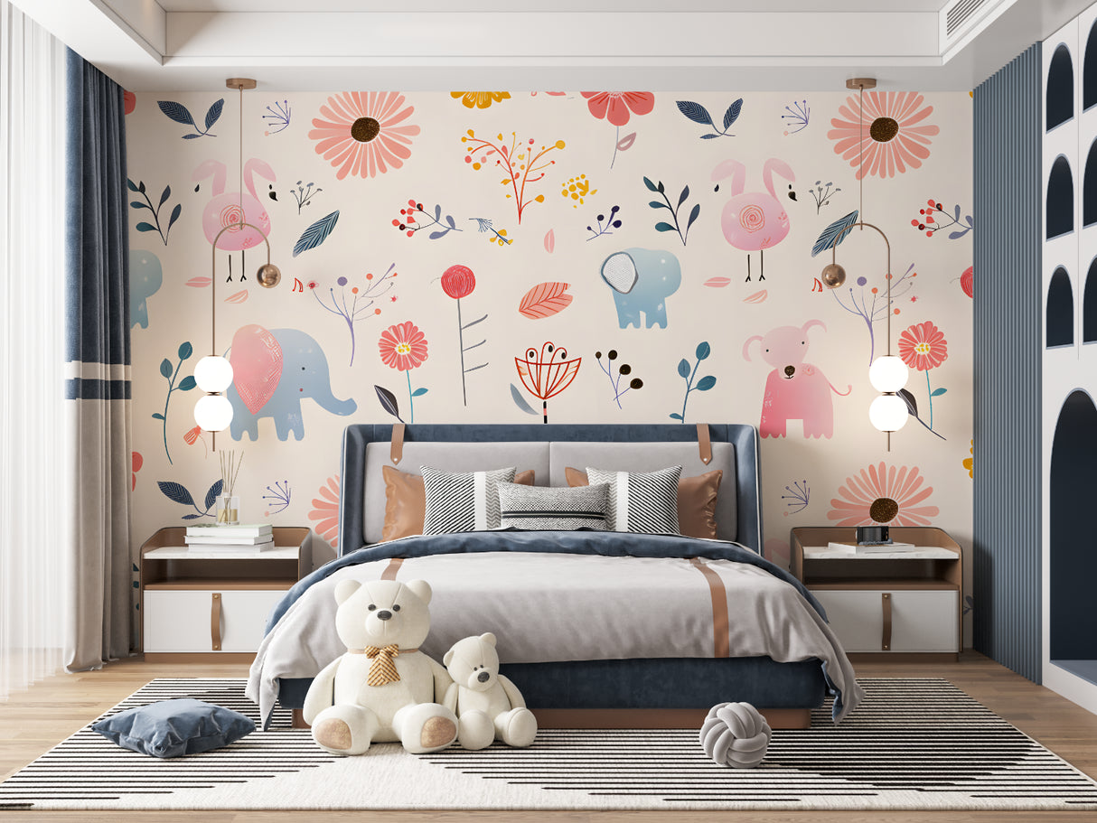 Floral elephant wallpaper creating a sweet atmosphere in a baby girl's room