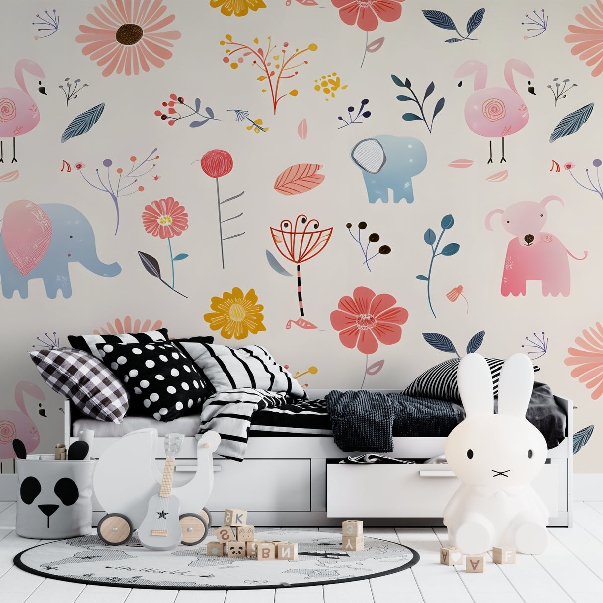 Kids animal wallpaper featuring flamingos in a modern children's bedroom