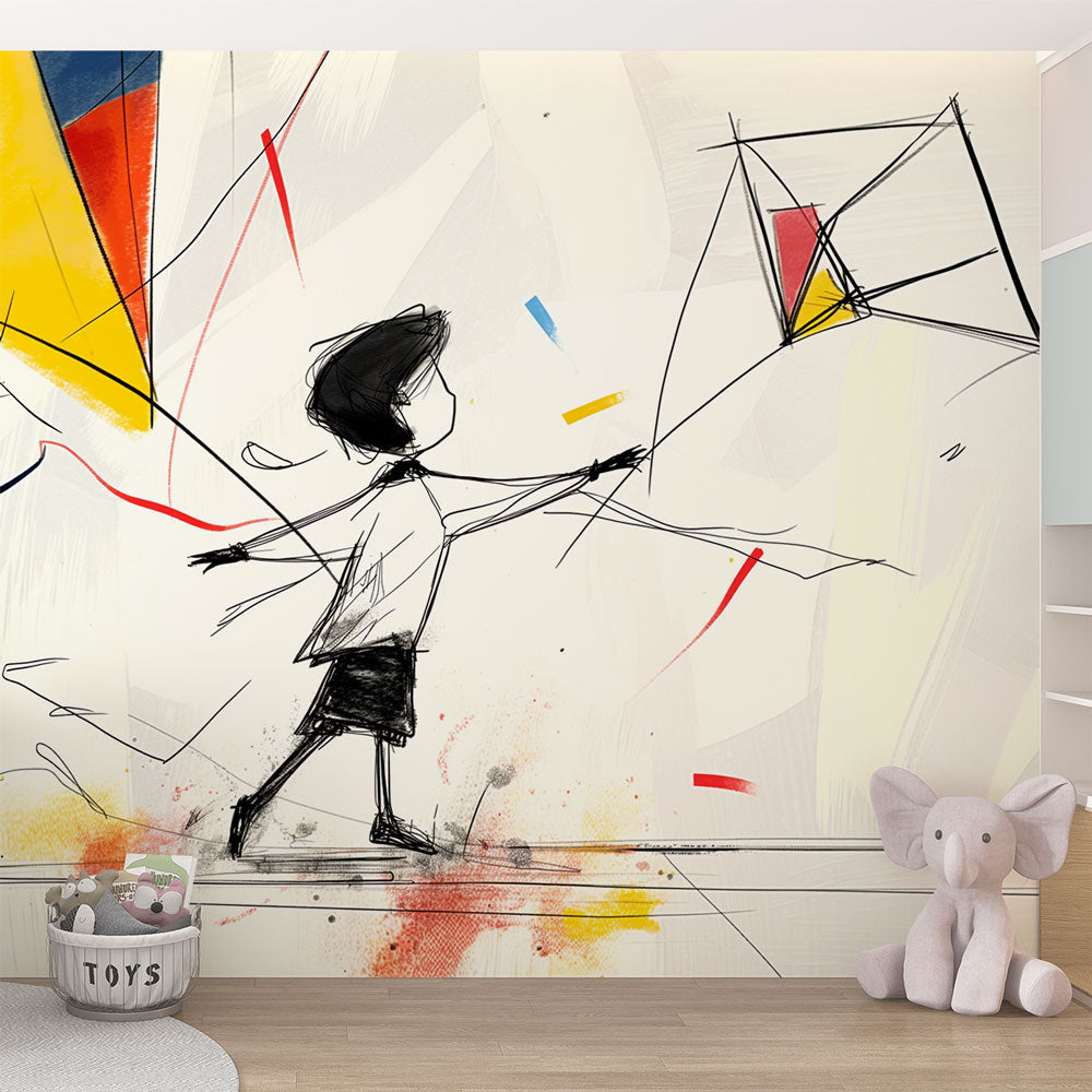 Modern Kids Sketch Art Wallpaper displayed in a bright playroom, showing flying kite design with colorful accents