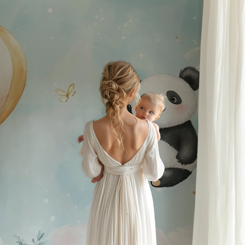 Kids room transformed with playful panda and balloon mural wallpaper