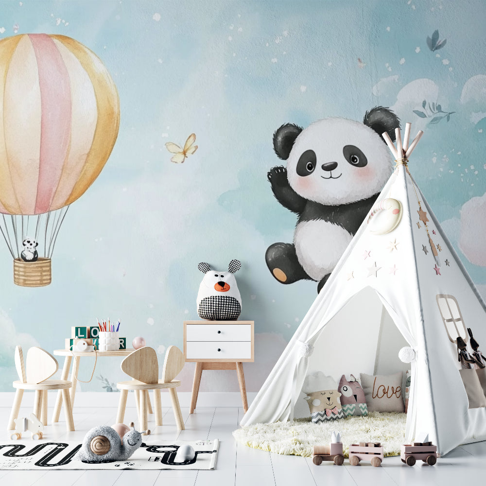 Panda wall mural in playroom showing scale and vibrant details