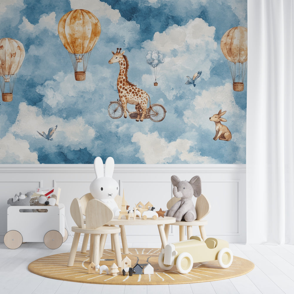 Hot air balloon nursery wallpaper in modern white nursery with rocking chair and soft lighting