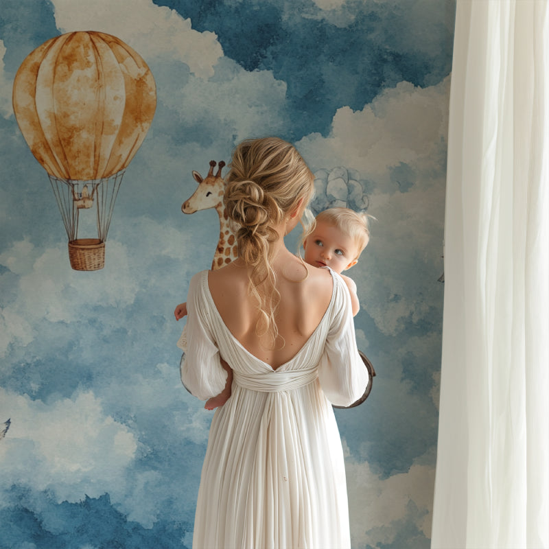 Giraffe adventure wallpaper in playful kids bedroom with reading nook