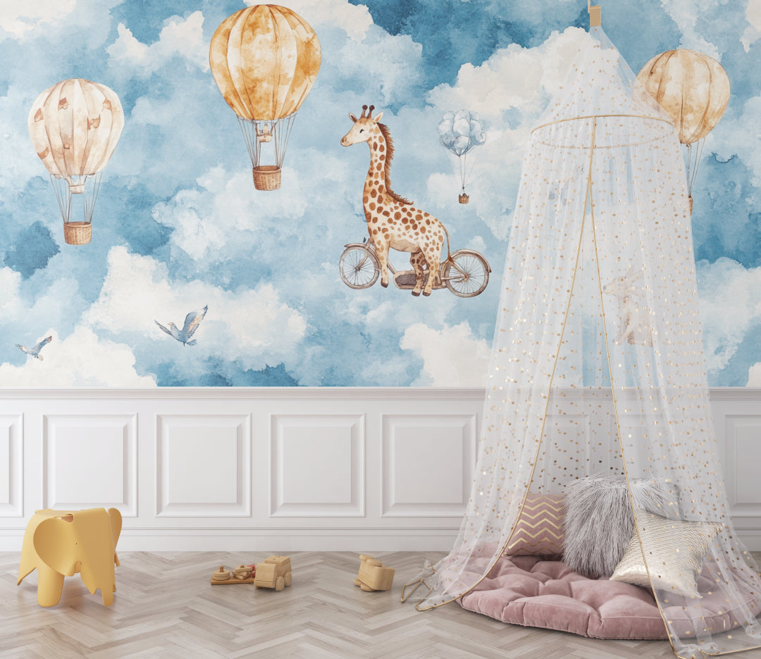 Kids wall mural with giraffe and balloons in modern playroom setting