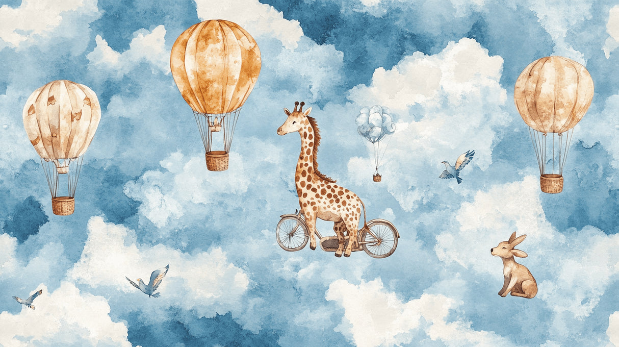 Design file showing giraffe and hot air balloons pattern with soft watercolor details