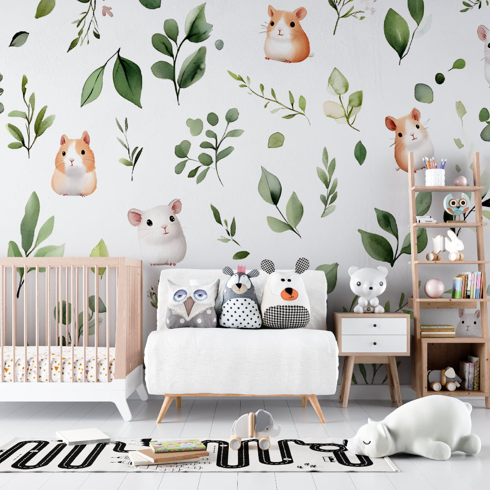 Hamster wallpaper bringing life to a modern nursery with soft green accents and playful design elements