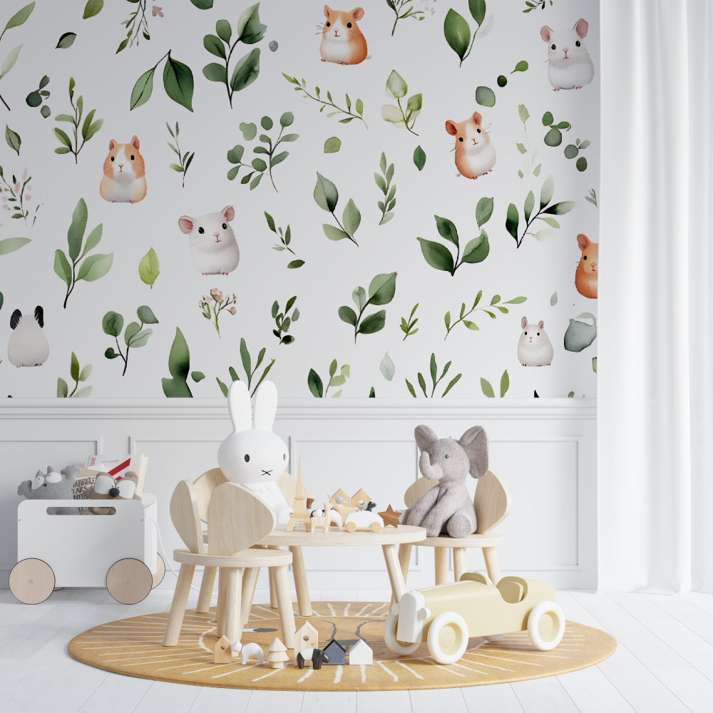 Kids bedroom featuring cute hamster wall mural creating a cozy reading nook atmosphere
