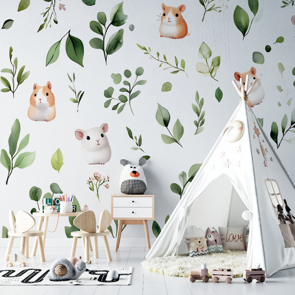 Playroom decorated with hamster and foliage wallpaper showing scale and pattern repeat