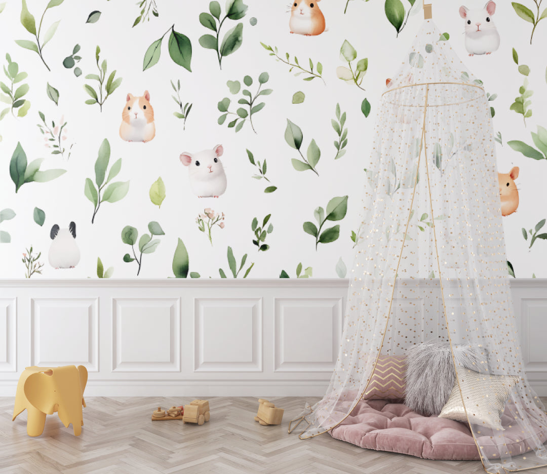 Nursery animal wallpaper with hamsters displayed in a bright child's bedroom setting