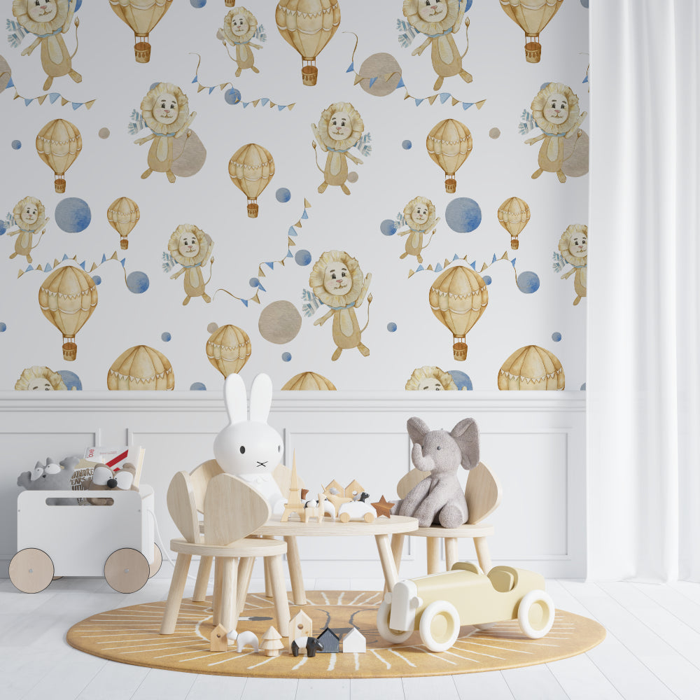 Nursery wall mural with lions and balloons above a wooden crib