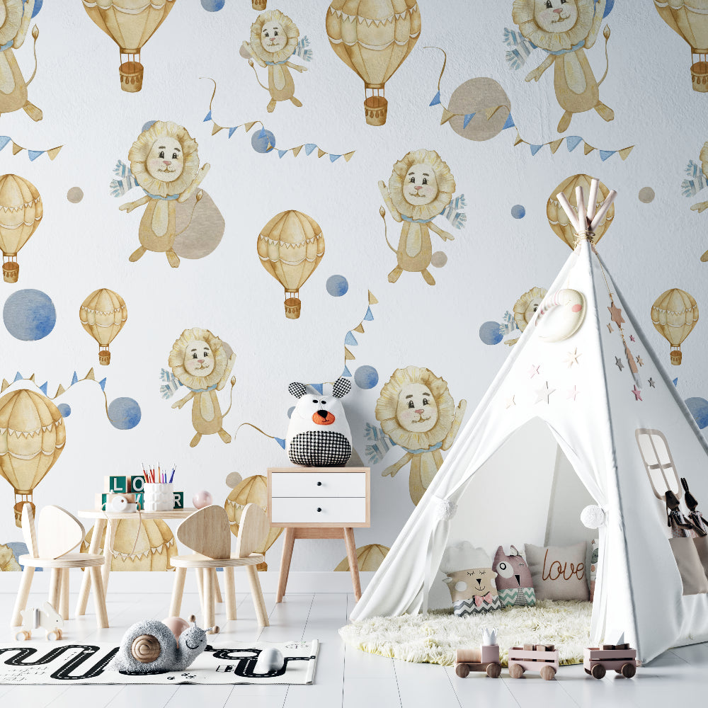 Kids room wallpaper with playful lions in a Scandinavian style bedroom