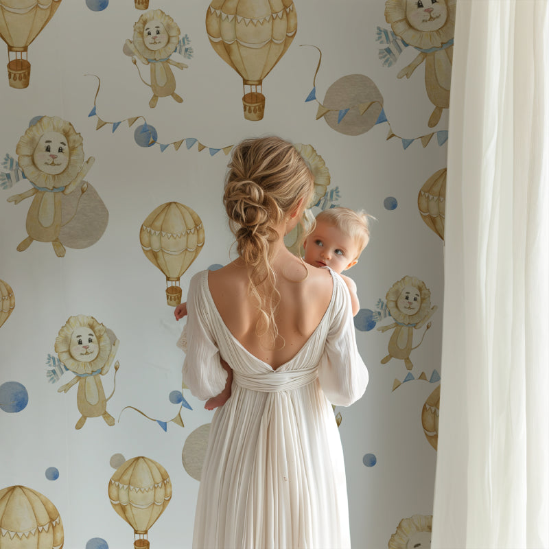 Hot air balloon pattern making a statement in a modern playroom