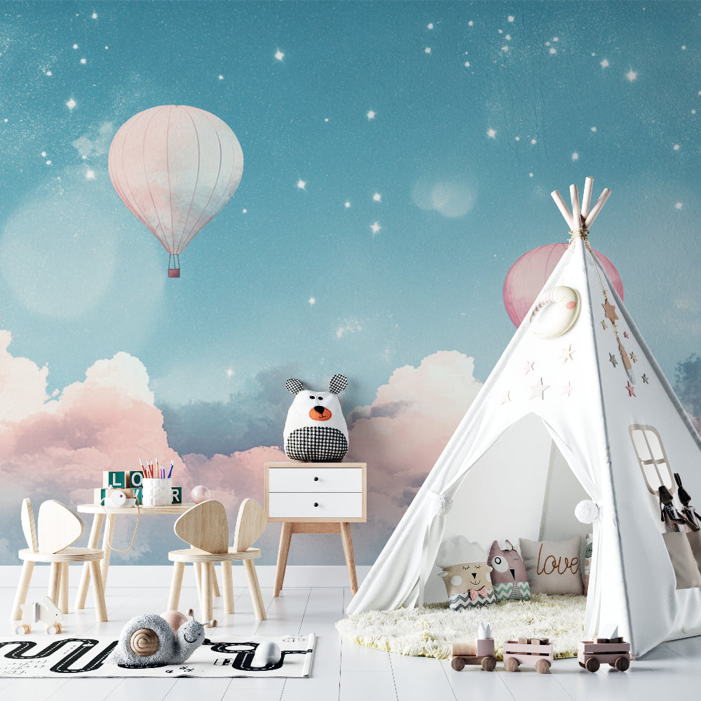 Hot air balloon nursery wallpaper in a cozy bedroom with soft lighting showing peaceful bedtime setting