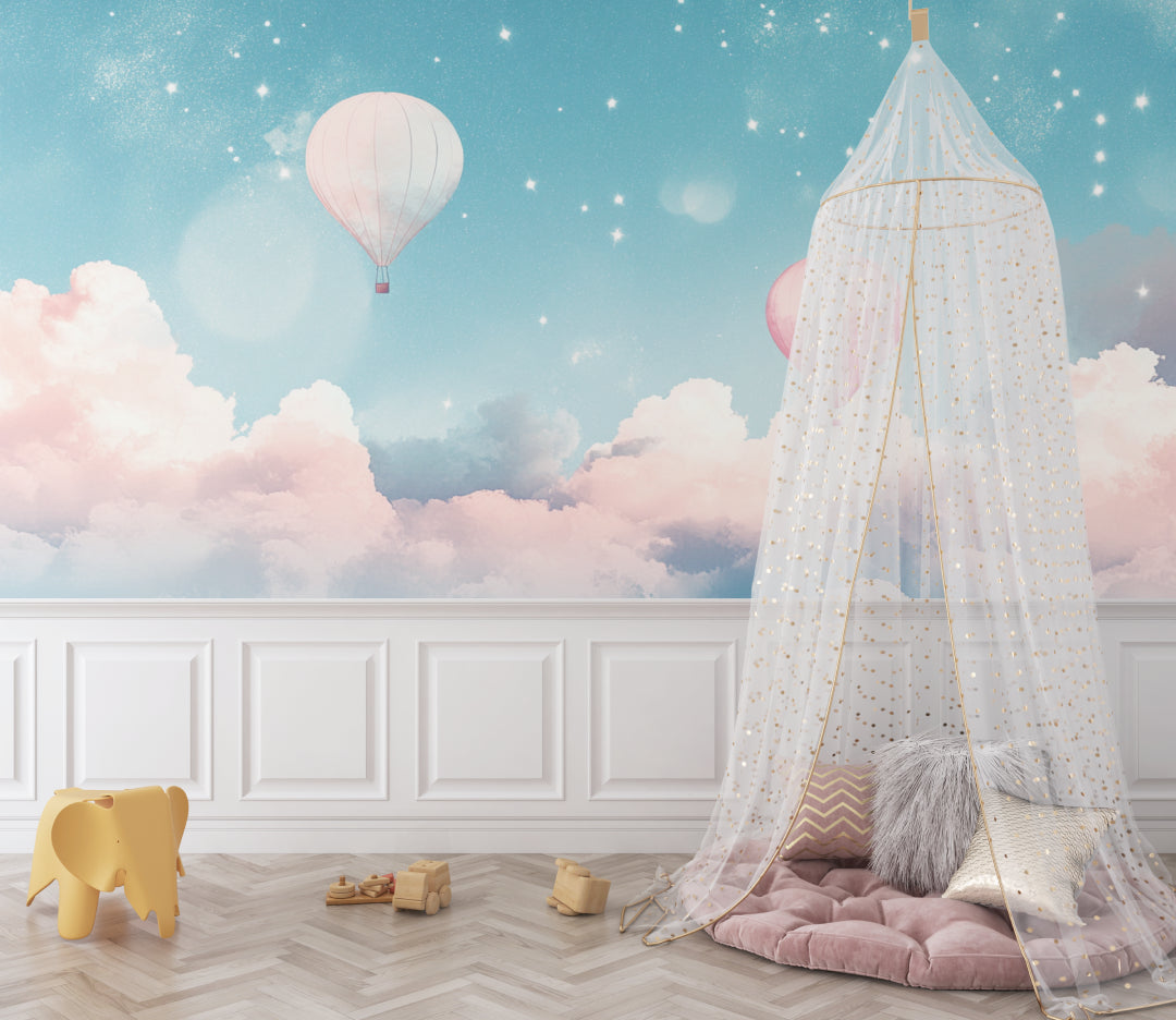 Starry sky mural wallpaper creating magic in a child's reading nook