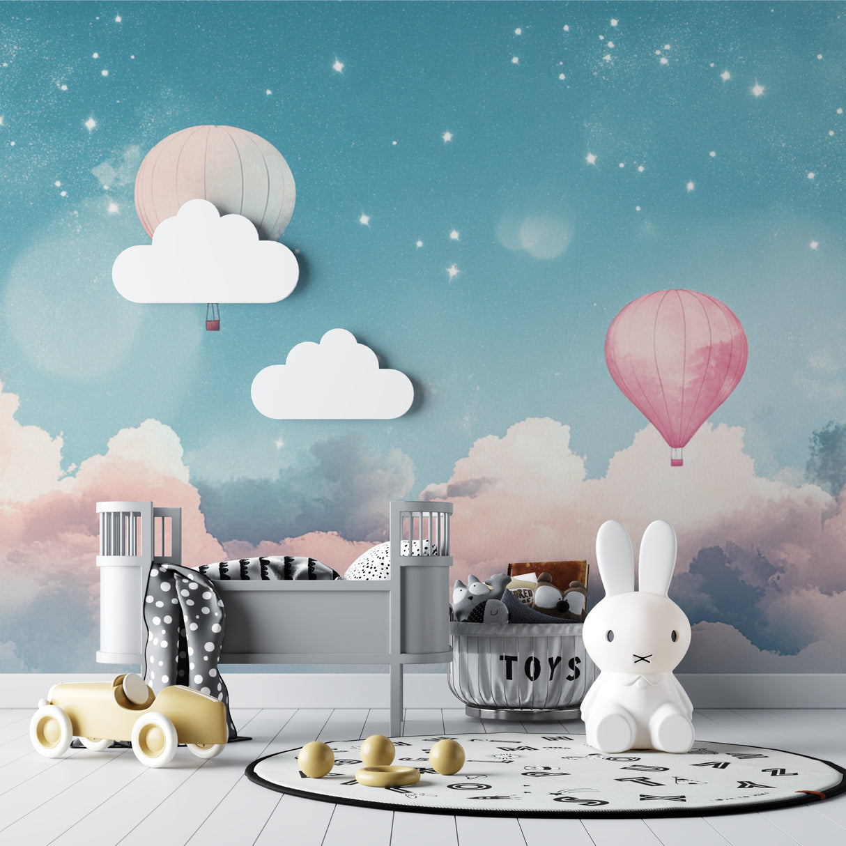 Hot air balloon wall mural bringing whimsy to a playroom space
