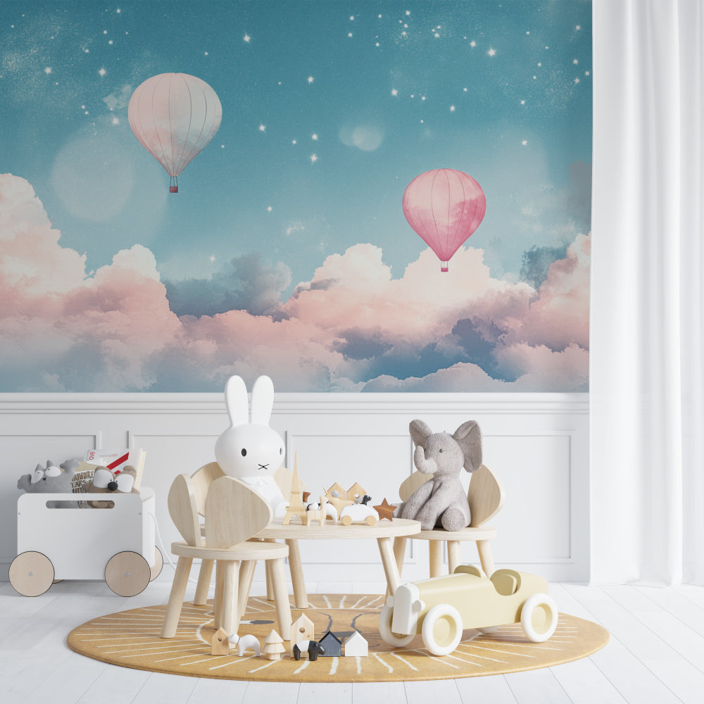 Kids room wallpaper with dreamy hot air balloon theme in a modern nursery