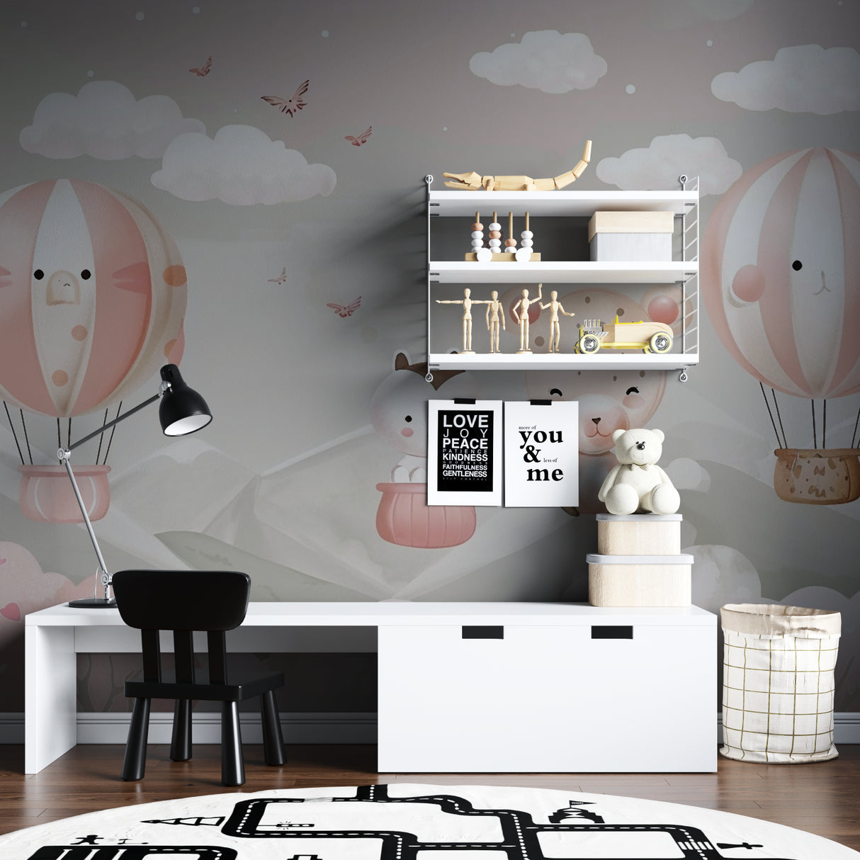 Hot air balloon kids wallpaper in a bright nursery with white furniture and pink accents