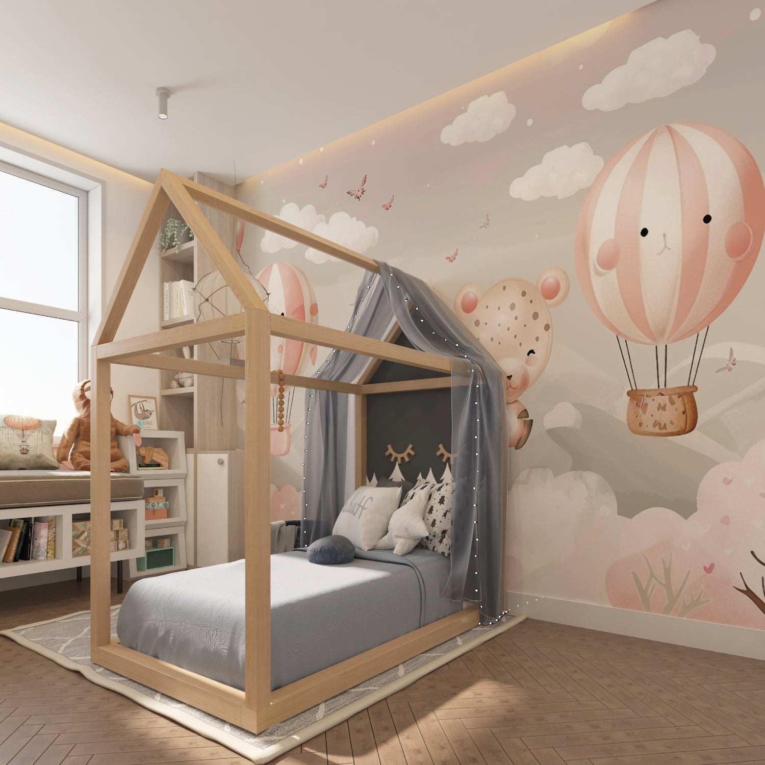 Baby room featuring sweet animal and balloon mural wallpaper