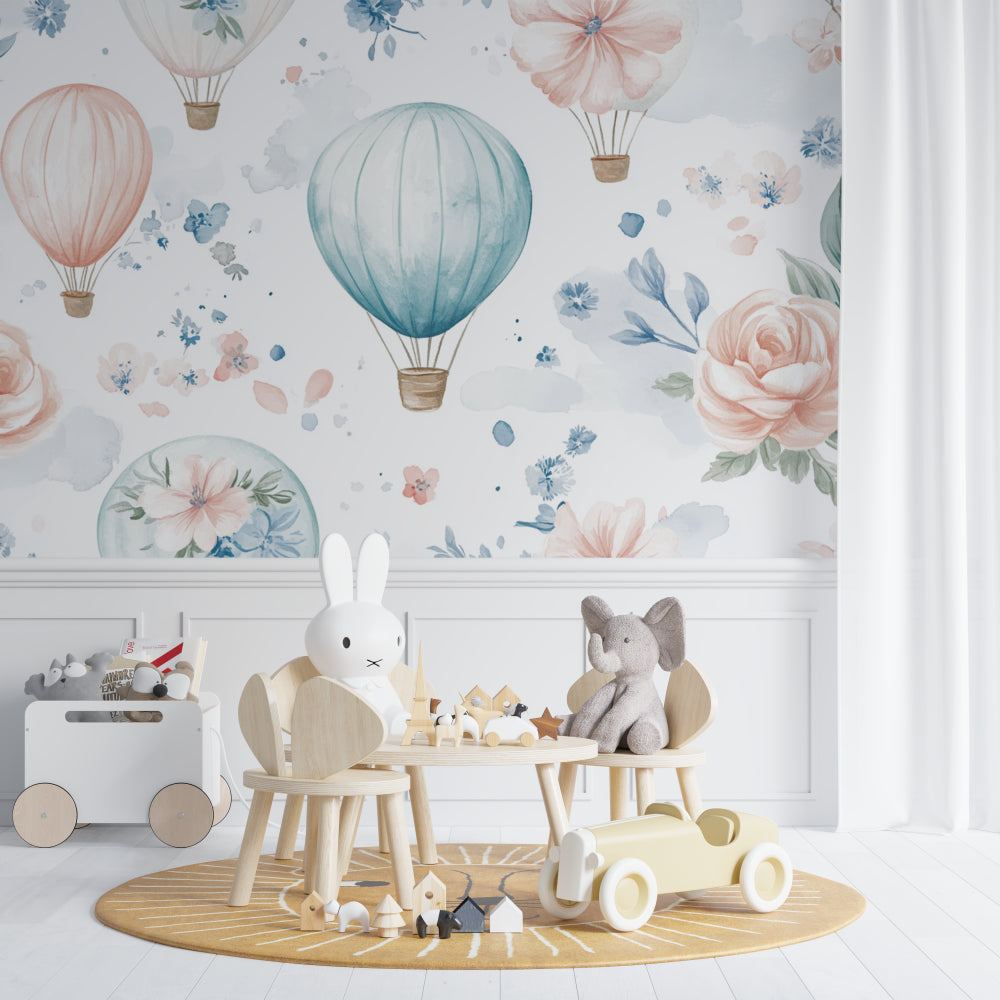 Floral balloon wallpaper creating a peaceful atmosphere in a girl's reading corner