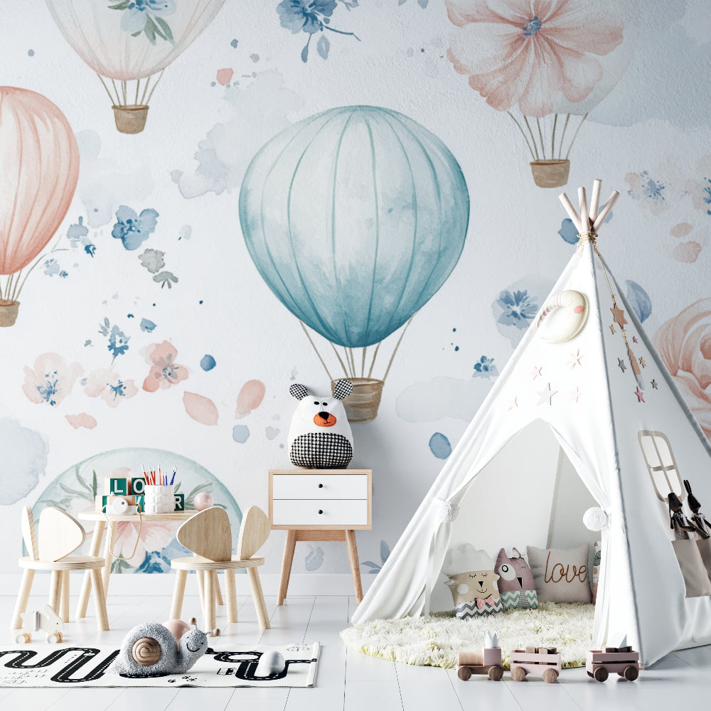 Nursery balloon wallpaper showcased in a modern children's bedroom with minimal decor