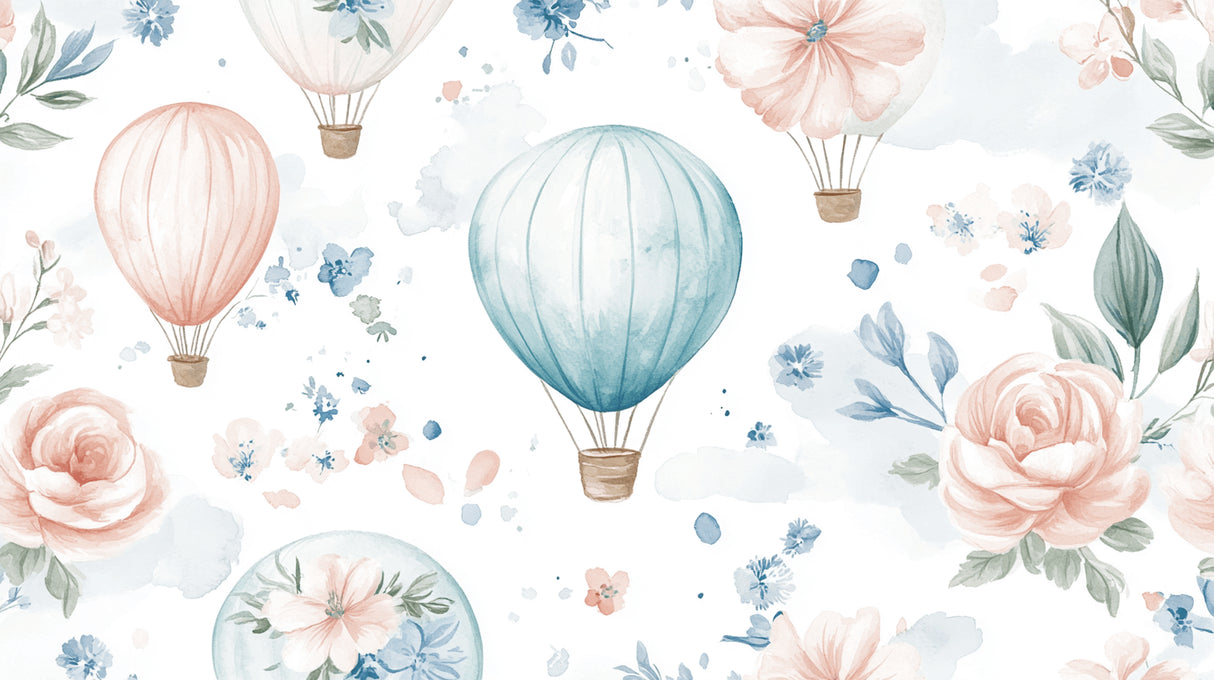 Hot air balloons and delicate flowers design file showing watercolor pattern and floral details