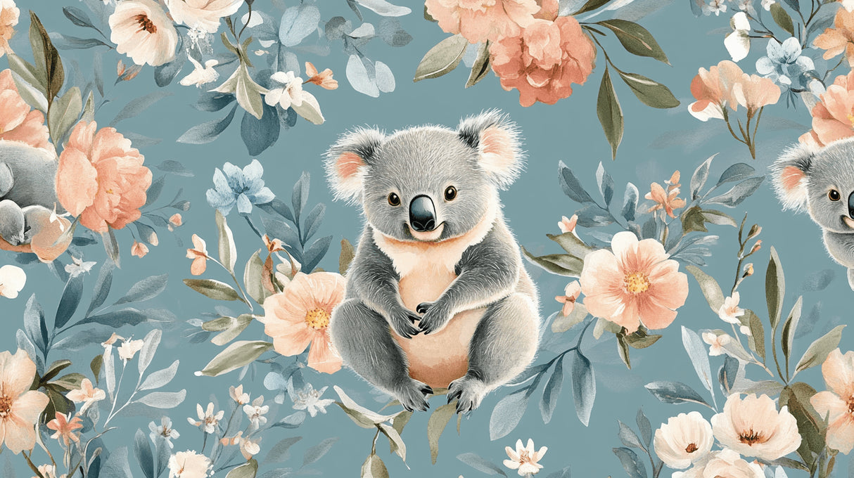 Design file of Koala Garden wallpaper showing full pattern with floral details and soft color palette