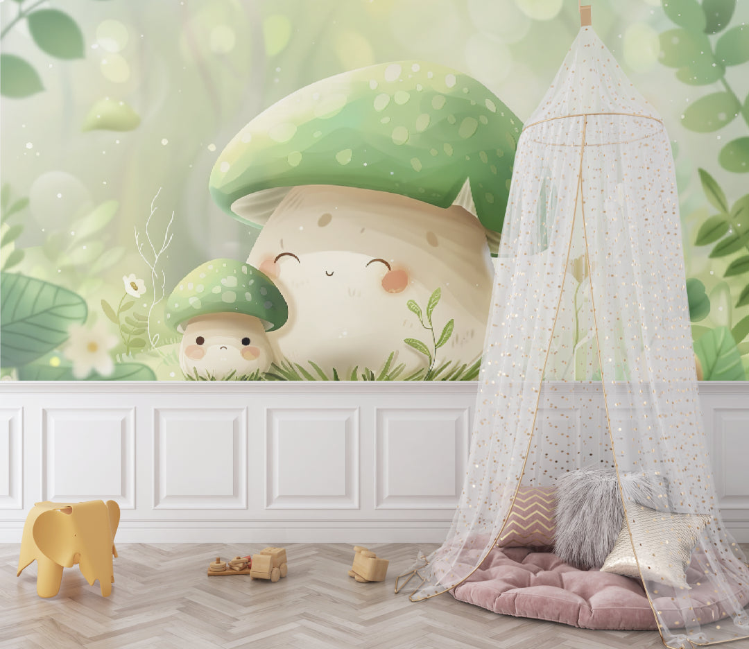 Enchanted mushroom wall mural bringing whimsy to a children's reading nook