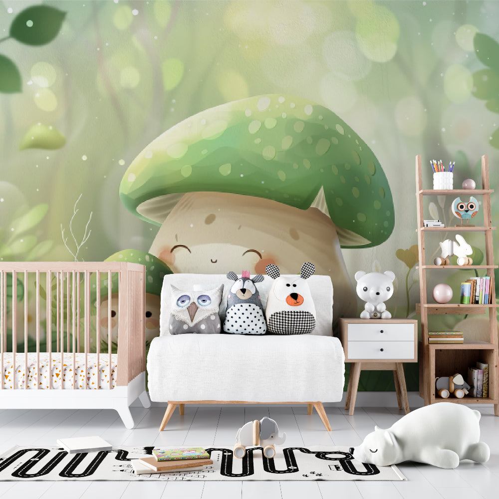 Green mushroom forest wallpaper making a playroom feel like a fairy tale setting