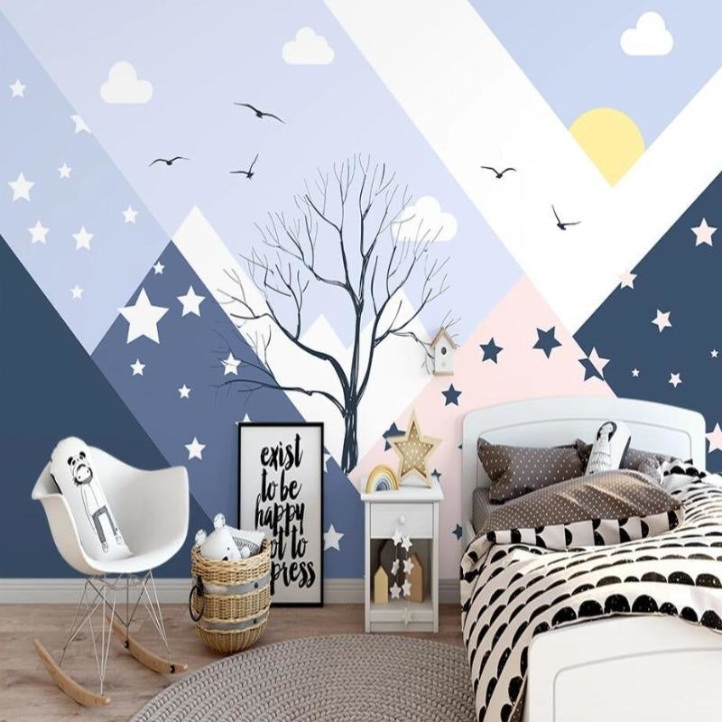 Kids bedroom featuring mountain and stars mural wallpaper with reading nook and floating shelves