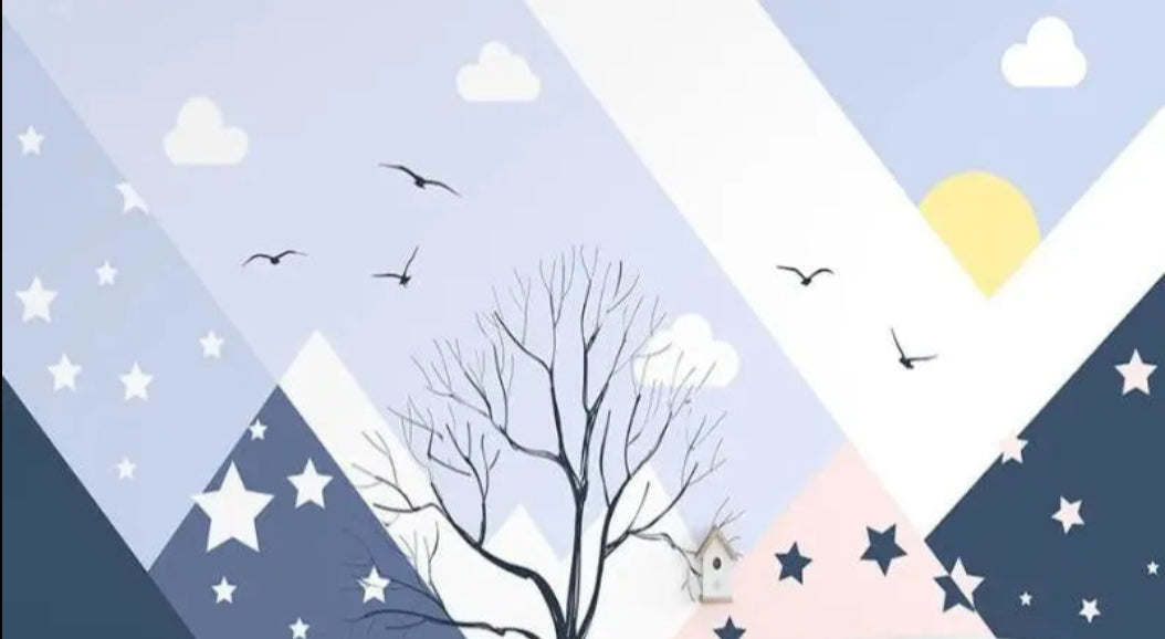 Mountain stars and tree design pattern showing full wallpaper detail and color scheme