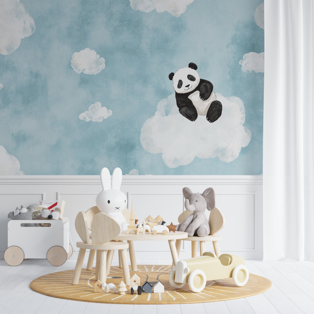 Panda wallpaper adding charm to a baby's room with soft neutral decor