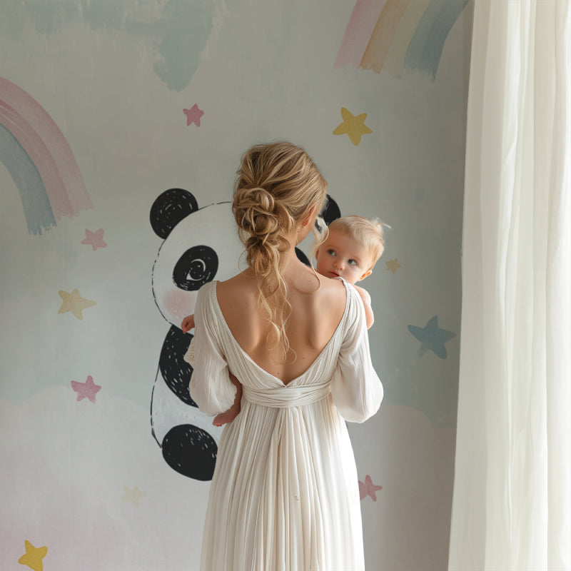 Kids bedroom featuring Panda rainbow wallpaper with modern playroom setup