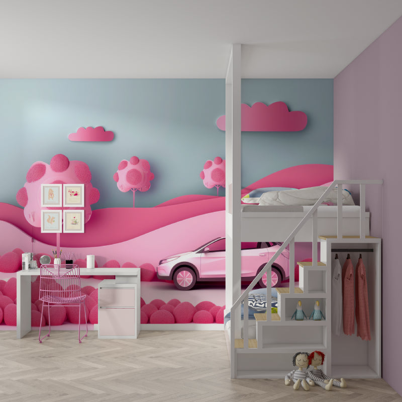 Kids room featuring pink car wallpaper with matching pink curtains and decor