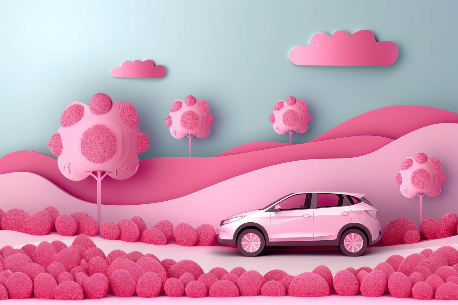 Design file of Pink 3D Car and Clouds pattern showing full wallpaper design