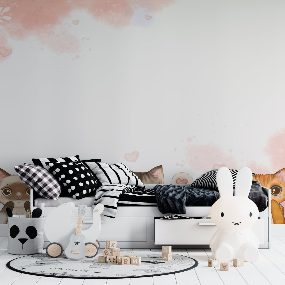 Pink heart wallpaper in a bright nursery with white furniture and soft textures