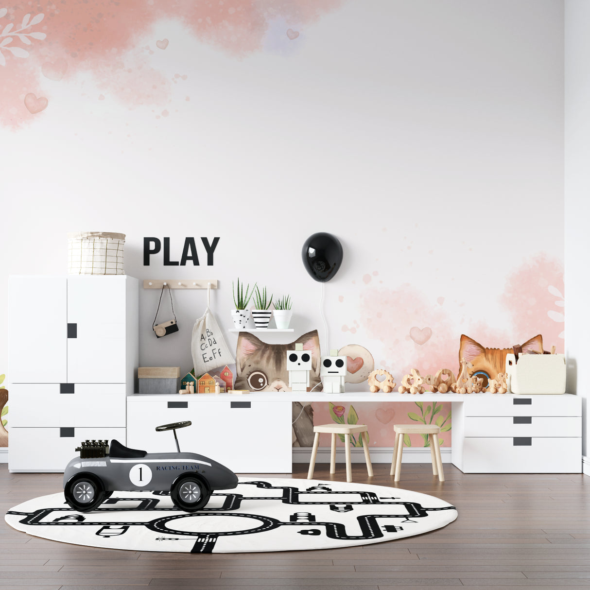 Heart pattern wall mural creating a cozy reading nook in a little girl's bedroom