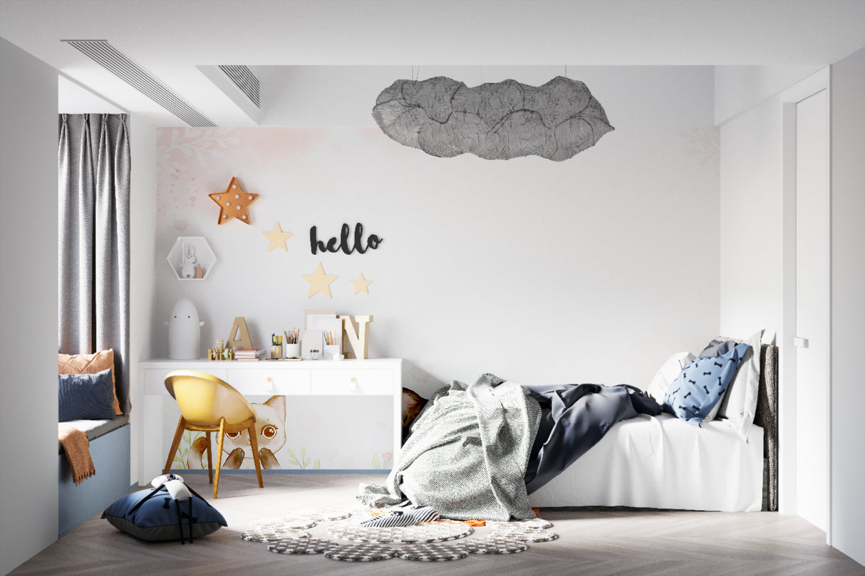 Children's pink heart wallpaper showcased in a bright daylit bedroom