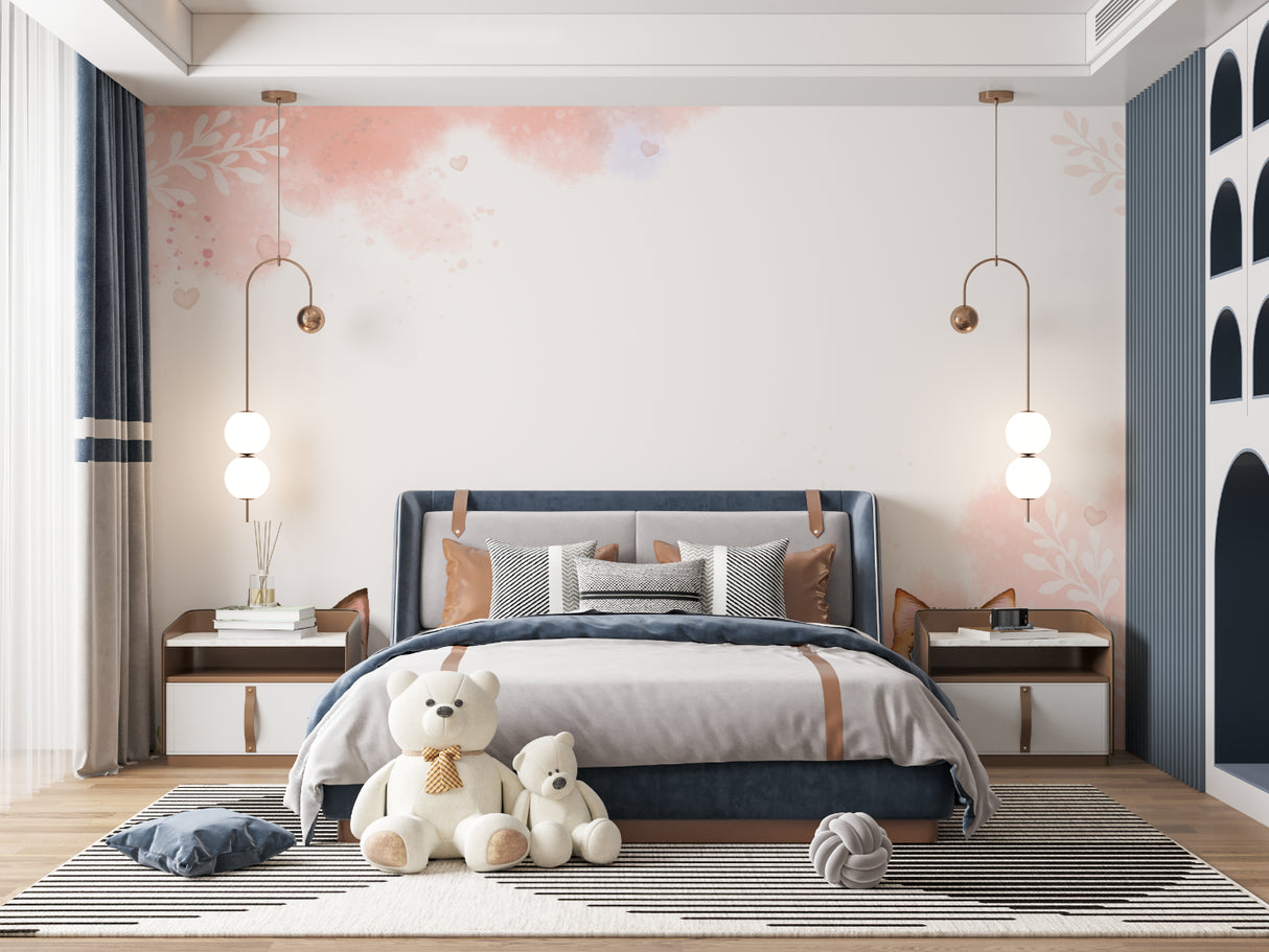 Nursery wall mural with pink hearts displaying soft ambient lighting effects
