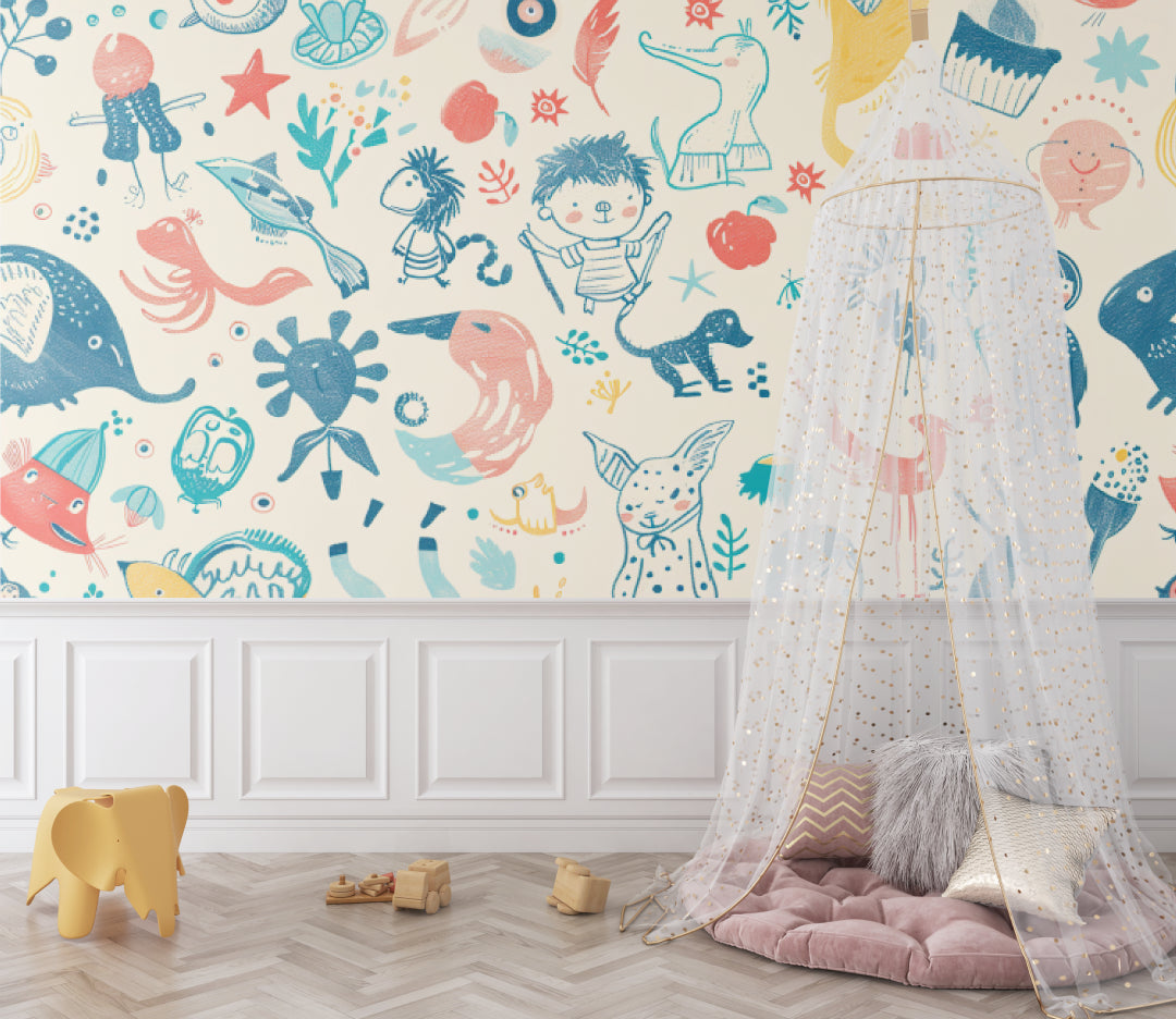 Playful kids room wall mural featuring charming animals in a bright playroom setting