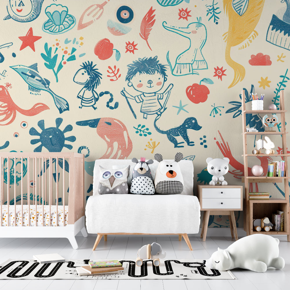 Animal wallpaper brightening up a child's reading nook with soft, gentle colors