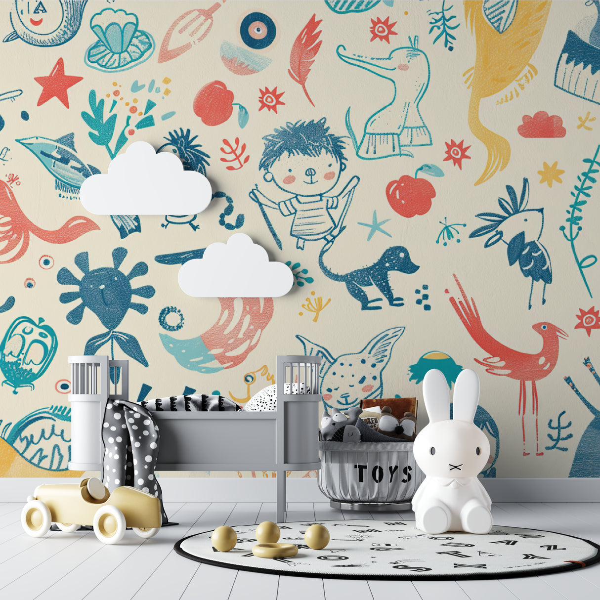 Kids room animal wallpaper adding warmth to a modern children's bedroom