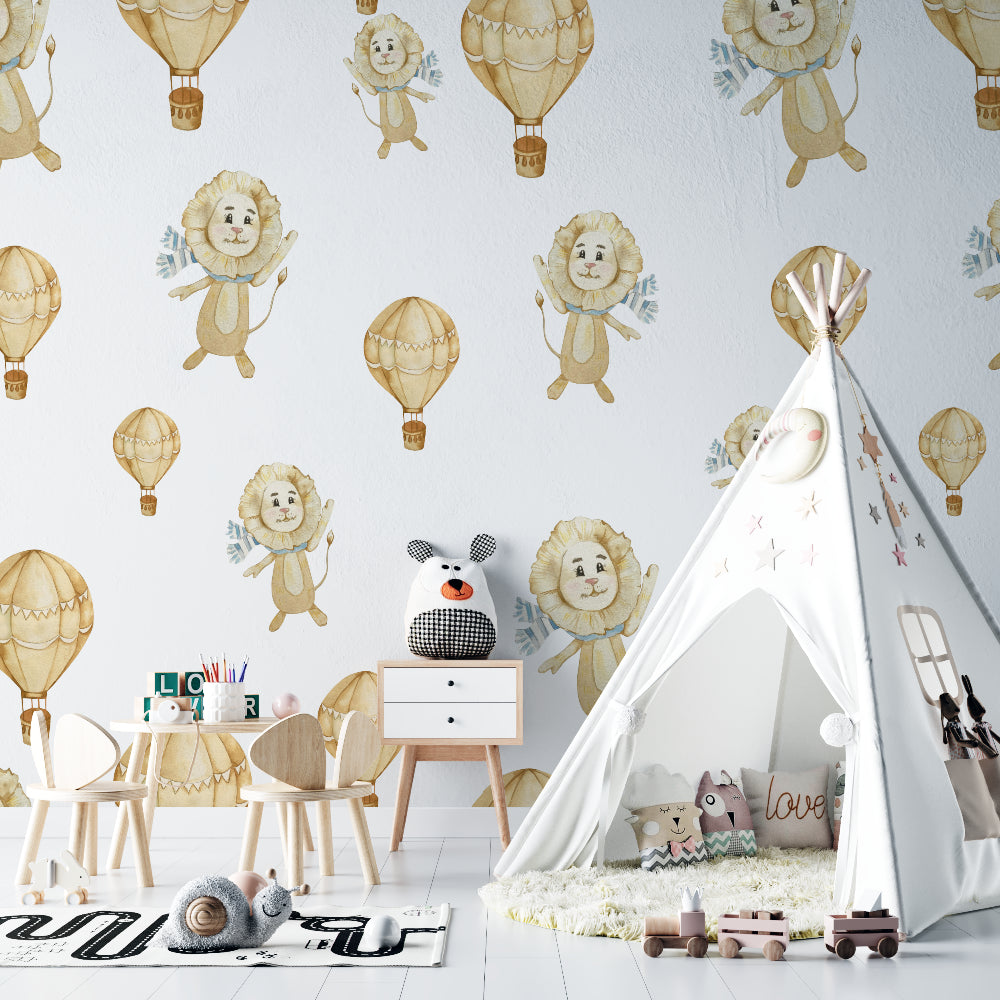 Kids room with Lion and Hot Air Balloon wallpaper creating a cozy reading nook